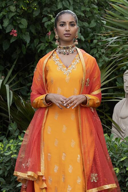 Nikasha_Yellow Organza, Dupion Silk, Set V Neck Printed Kurta Lehenga _Online_at_Aza_Fashions