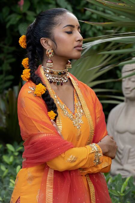 Buy_Nikasha_Yellow Organza, Dupion Silk, Set V Neck Printed Kurta Lehenga _Online_at_Aza_Fashions