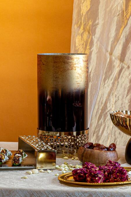 Logam_Gold Aluminium And Glass Leila Candle Holder_Online_at_Aza_Fashions