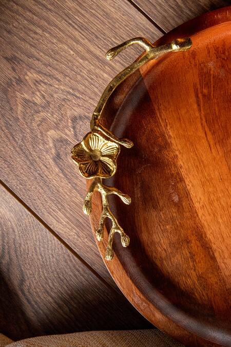 Shop_Logam_Gold Mango Wood And Aluminium Fiori Round Tray_Online_at_Aza_Fashions