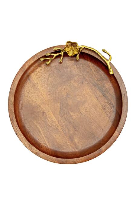 Buy_Logam_Gold Mango Wood And Aluminium Fiori Round Tray_Online_at_Aza_Fashions