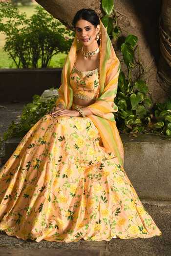Neha Chopra Tandon_Peach Raw Silk Printed Lehenga Set_Online_at_Aza_Fashions