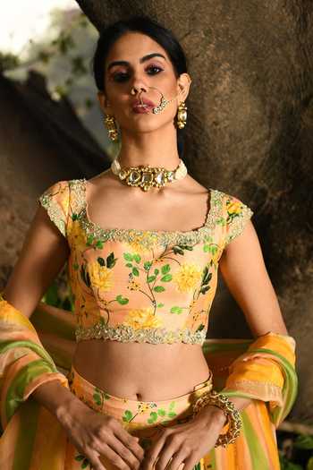 Buy_Neha Chopra Tandon_Peach Raw Silk Printed Lehenga Set_Online_at_Aza_Fashions