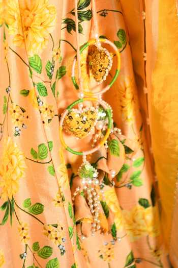 Neha Chopra Tandon_Peach Raw Silk Printed Lehenga Set_at_Aza_Fashions