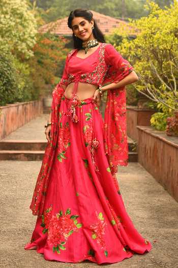 Buy_Neha Chopra Tandon_Pink Floral Print Lehenga Set_Online_at_Aza_Fashions