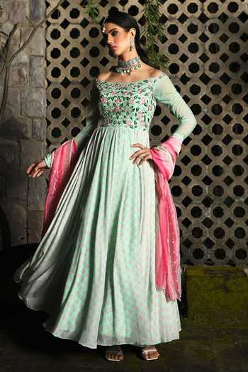 Buy Neha Chopra Tandon Green Floral Print Anarkali Set at Aza Fashions Buy_Neha Chopra Tandon_Green Floral Print Anarkali Set_at_Aza_Fashions