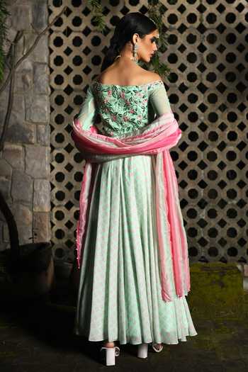 Shop Neha Chopra Tandon Green Floral Print Anarkali Set at Aza Fashions Shop_Neha Chopra Tandon_Green Floral Print Anarkali Set_at_Aza_Fashions