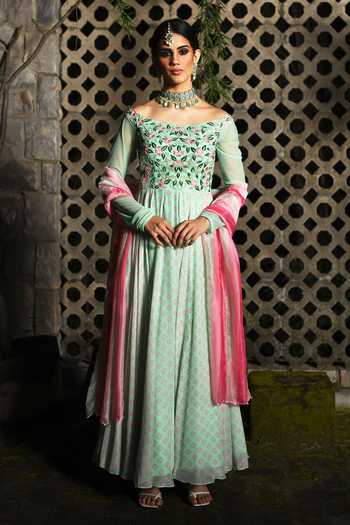Neha Chopra Tandon Green Floral Print Anarkali Set Online at Aza Fashions Neha Chopra Tandon_Green Floral Print Anarkali Set_Online_at_Aza_Fashions