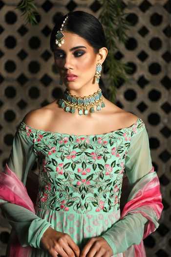 Shop Neha Chopra Tandon Green Floral Print Anarkali Set Online at Aza Fashions Shop_Neha Chopra Tandon_Green Floral Print Anarkali Set_Online_at_Aza_Fashions