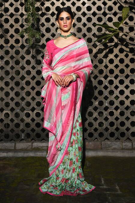 Buy_Neha Chopra Tandon_Green Striped Saree With Blouse_Online_at_Aza_Fashions