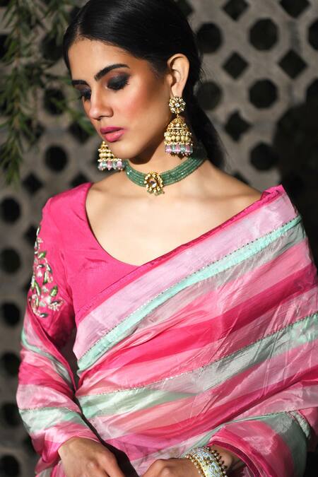 Shop_Neha Chopra Tandon_Green Striped Saree With Blouse_Online_at_Aza_Fashions