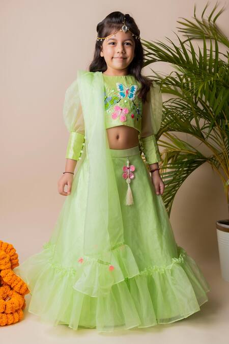 Shop Lil Angels Green Organza, Silk Sequins, Embroidery Embellished Lehenga Set Online at Aza Fashions Shop_Lil Angels_Green Organza, Silk Sequins, Embroidery Embellished Lehenga Set _Online_at_Aza_Fashions