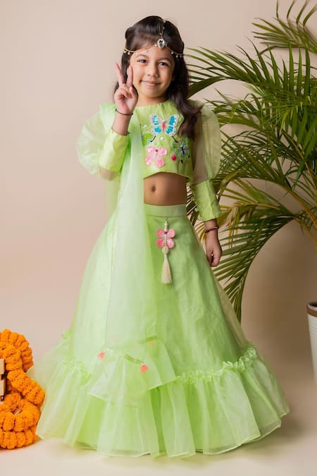 Lil Angels Green Organza, Silk Sequins, Embroidery Embellished Lehenga Set 