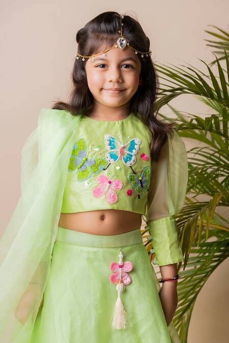 Lil Angels Green Organza, Silk Sequins, Embroidery Embellished Lehenga Set at Aza Fashions Lil Angels_Green Organza, Silk Sequins, Embroidery Embellished Lehenga Set _at_Aza_Fashions