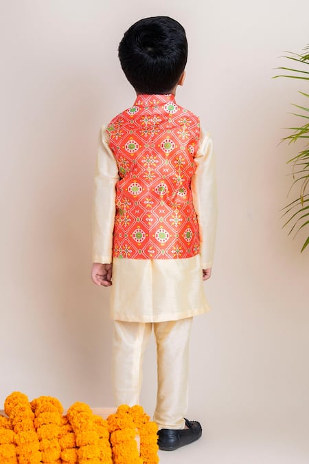 Shop_Lil Angels_Orange Chanderi, Cotton, Silk Ikat Print Bundi And Kurta Set _at_Aza_Fashions