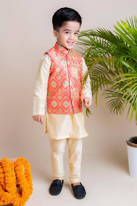 Lil Angels_Orange Chanderi, Cotton, Silk Ikat Print Bundi And Kurta Set _Online_at_Aza_Fashions