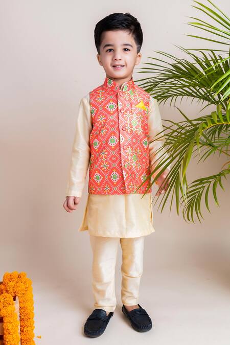 Buy_Lil Angels_Orange Chanderi, Cotton, Silk Ikat Print Bundi And Kurta Set _Online_at_Aza_Fashions