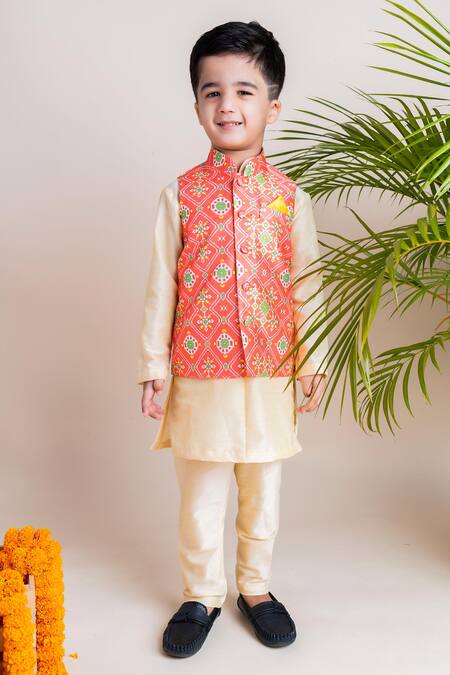 Shop_Lil Angels_Orange Chanderi, Cotton, Silk Ikat Print Bundi And Kurta Set _Online_at_Aza_Fashions