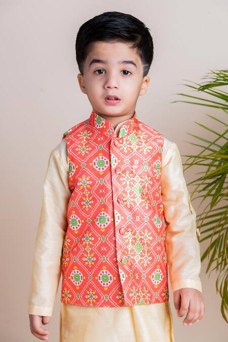 Lil Angels_Orange Chanderi, Cotton, Silk Ikat Print Bundi And Kurta Set _at_Aza_Fashions