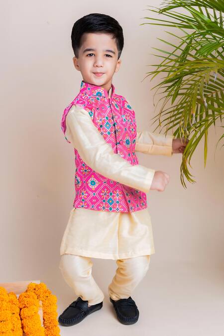 Lil Angels Pink Chanderi, Cotton Printed Bundi And Kurta Set 
