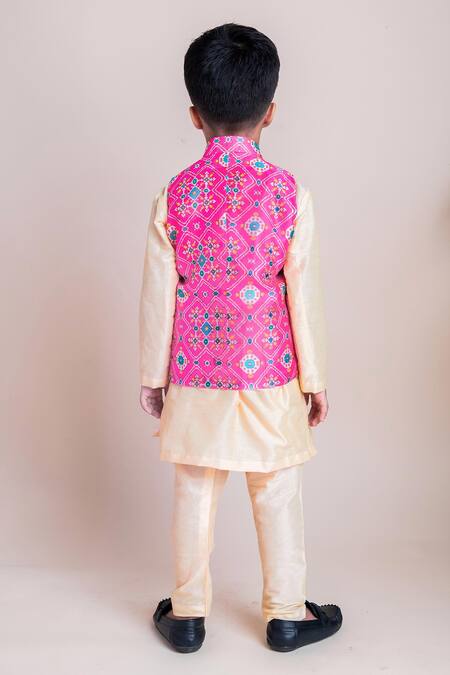 Shop_Lil Angels_Pink Chanderi, Cotton Printed Bundi And Kurta Set _at_Aza_Fashions
