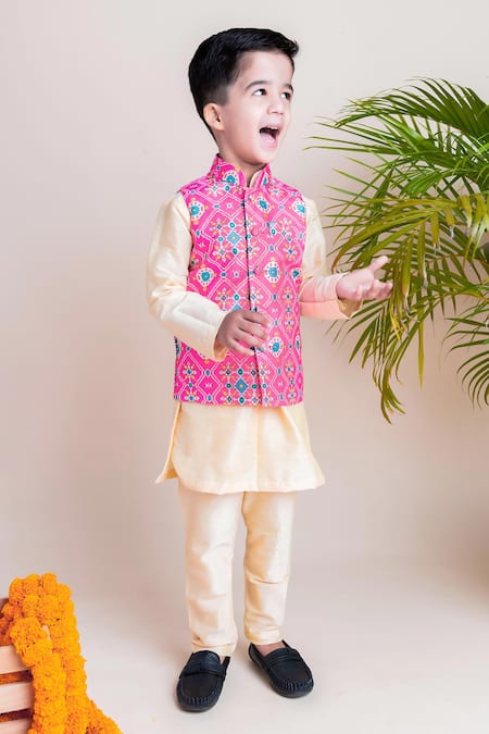 Lil Angels_Pink Chanderi, Cotton Printed Bundi And Kurta Set _Online_at_Aza_Fashions
