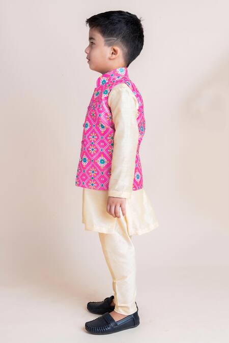 Buy_Lil Angels_Pink Chanderi, Cotton Printed Bundi And Kurta Set _Online_at_Aza_Fashions