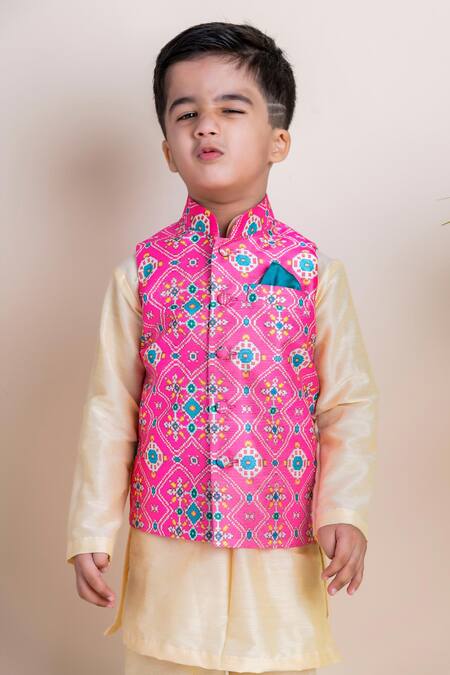 Shop_Lil Angels_Pink Chanderi, Cotton Printed Bundi And Kurta Set _Online_at_Aza_Fashions