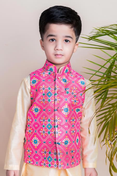 Lil Angels_Pink Chanderi, Cotton Printed Bundi And Kurta Set _at_Aza_Fashions