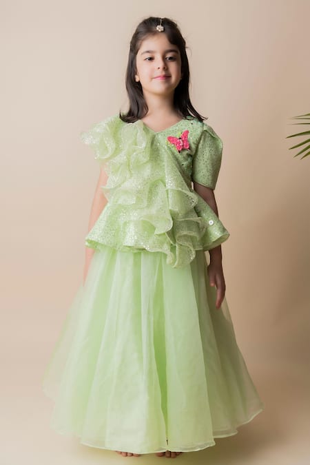 Shop Lil Angels Green Organza Sequins Embellished Lehenga Set Online at Aza Fashions Shop_Lil Angels_Green Organza Sequins Embellished Lehenga Set _Online_at_Aza_Fashions