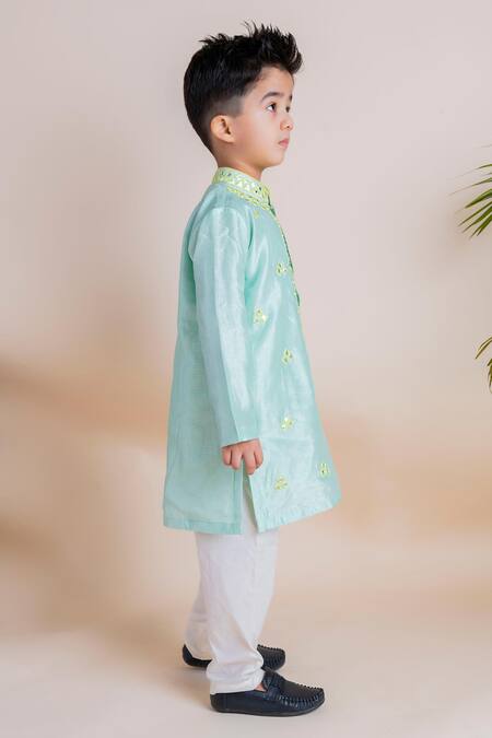 Lil Angels_Blue Tussar, Cotton, Silk Mirrors Kurta Set _Online_at_Aza_Fashions