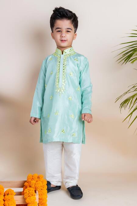Buy_Lil Angels_Blue Tussar, Cotton, Silk Mirrors Kurta Set _Online_at_Aza_Fashions