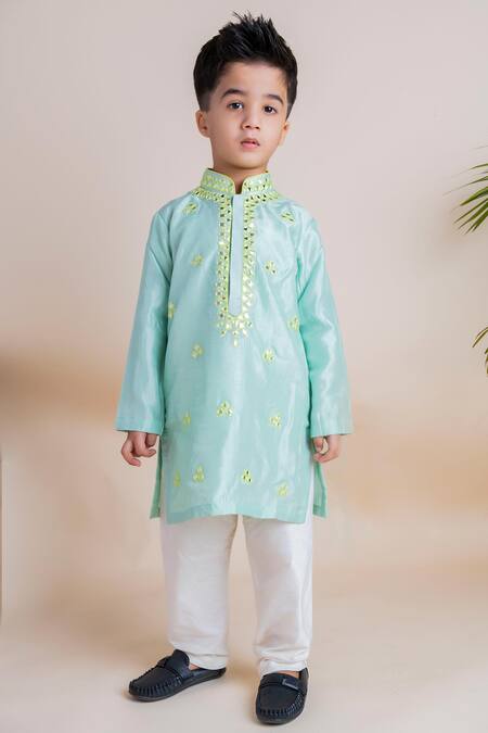 Shop_Lil Angels_Blue Tussar, Cotton, Silk Mirrors Kurta Set _Online_at_Aza_Fashions