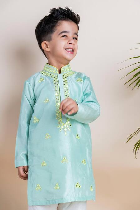 Lil Angels_Blue Tussar, Cotton, Silk Mirrors Kurta Set _at_Aza_Fashions