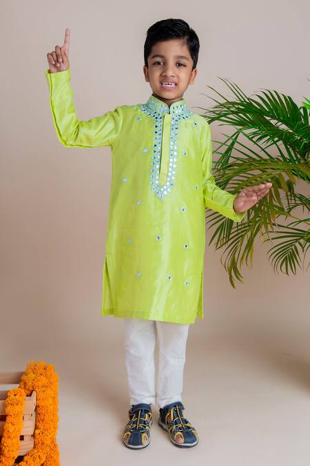 Buy_Lil Angels_Green Tussar, Cotton, Silk Mirrors Kurta Set _Online_at_Aza_Fashions