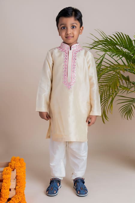Lil Angels Beige Tussar, Cotton, Silk Embroidery Kurta Set 