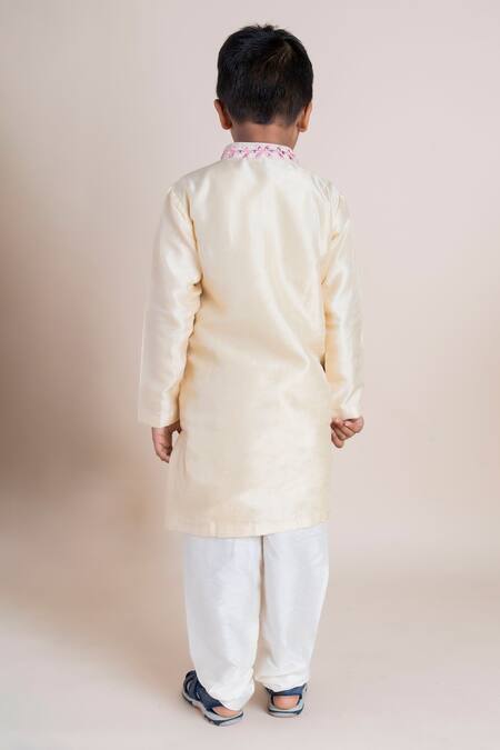 Shop_Lil Angels_Beige Tussar, Cotton, Silk Embroidery Kurta Set _at_Aza_Fashions