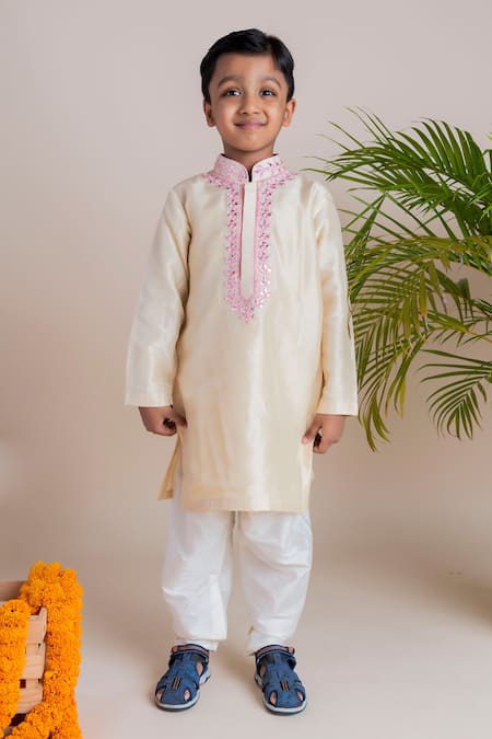 Buy_Lil Angels_Beige Tussar, Cotton, Silk Embroidery Kurta Set _Online_at_Aza_Fashions