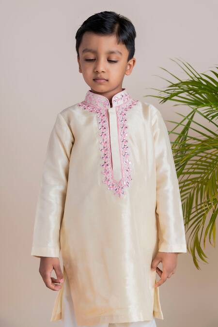 Lil Angels_Beige Tussar, Cotton, Silk Embroidery Kurta Set _at_Aza_Fashions