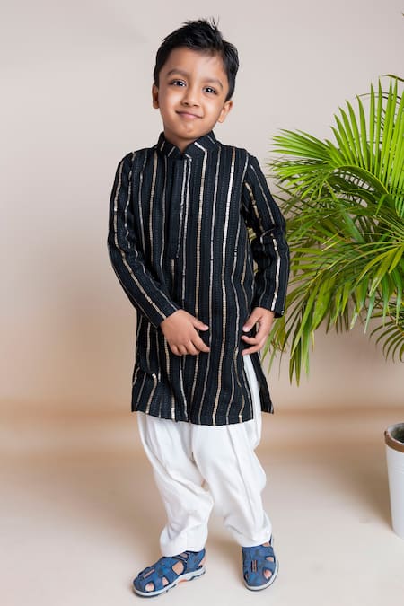 Shop_Lil Angels_Black Viscose, Cotton Embroidery, Sequins Embellished Kurta Set _Online_at_Aza_Fashions
