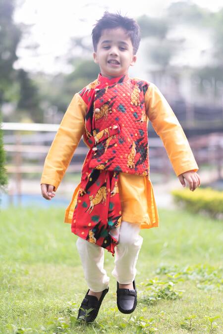 Lil Angels_Orange Muslin, Crepe, Cotton Leopard Print Asymmetrical Kurta Set _Online_at_Aza_Fashions