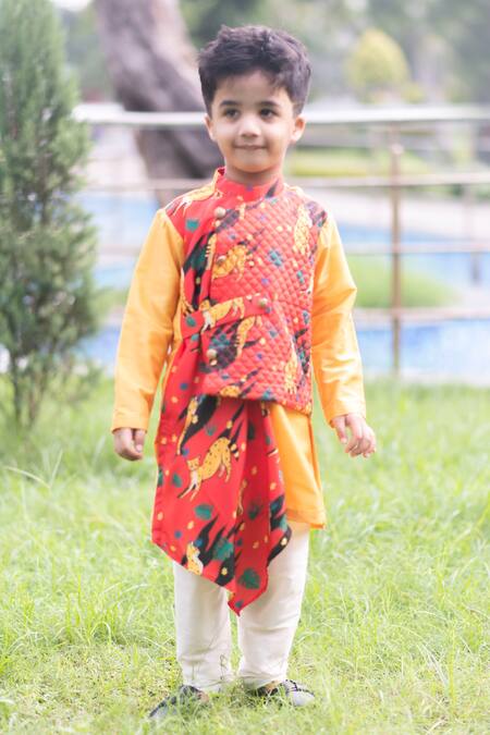 Buy_Lil Angels_Orange Muslin, Crepe, Cotton Leopard Print Asymmetrical Kurta Set _Online_at_Aza_Fashions