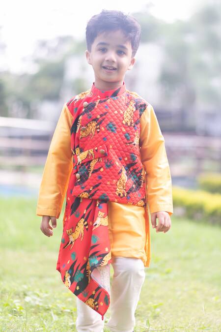 Shop_Lil Angels_Orange Muslin, Crepe, Cotton Leopard Print Asymmetrical Kurta Set _Online_at_Aza_Fashions