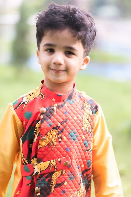 Lil Angels_Orange Muslin, Crepe, Cotton Leopard Print Asymmetrical Kurta Set _at_Aza_Fashions