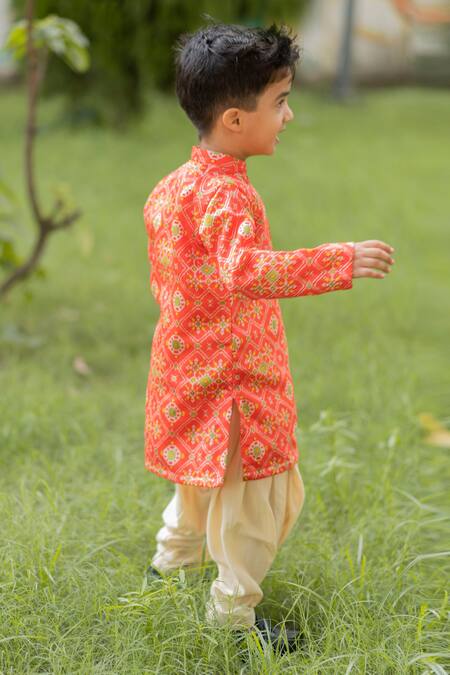 Lil Angels_Orange Silk, Rayon Ikat Kurta Set _Online_at_Aza_Fashions