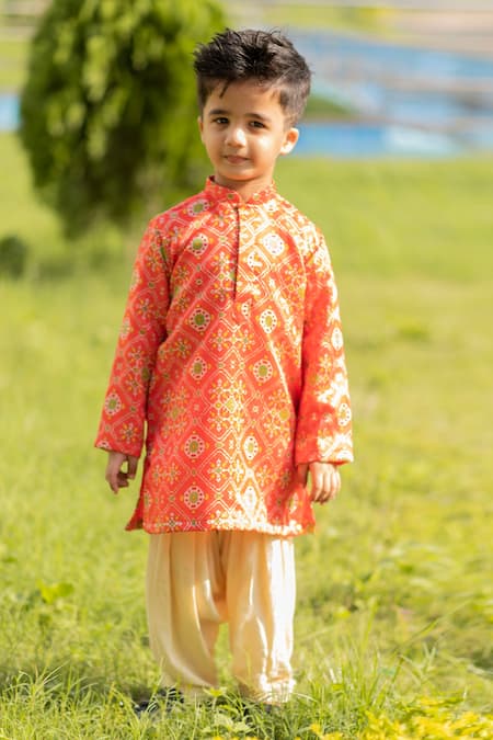 Buy_Lil Angels_Orange Silk, Rayon Ikat Kurta Set _Online_at_Aza_Fashions