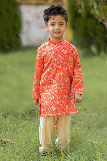 Shop_Lil Angels_Orange Silk, Rayon Ikat Kurta Set _Online_at_Aza_Fashions