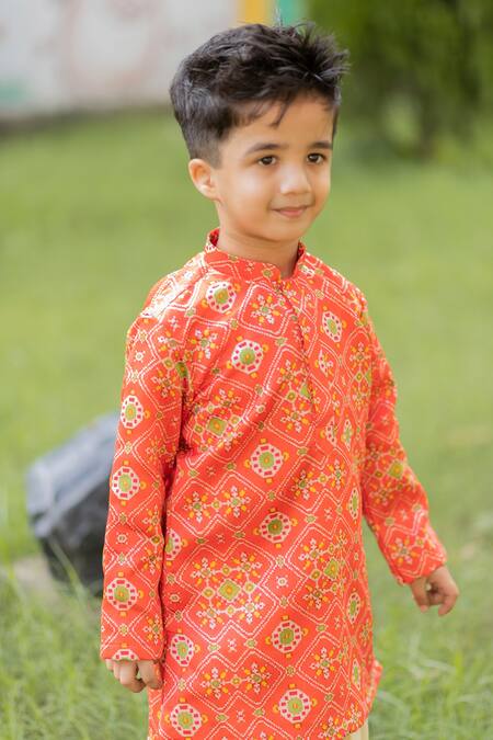 Lil Angels_Orange Silk, Rayon Ikat Kurta Set _at_Aza_Fashions