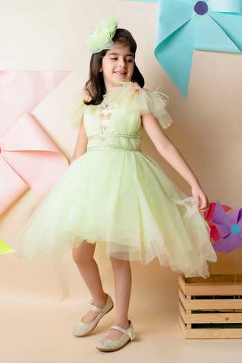 Buy Lil Angels Green Net Lining Cotton Embellished Dress at Aza Fashions Buy_Lil Angels_Green Net Lining Cotton Embellished Dress_at_Aza_Fashions