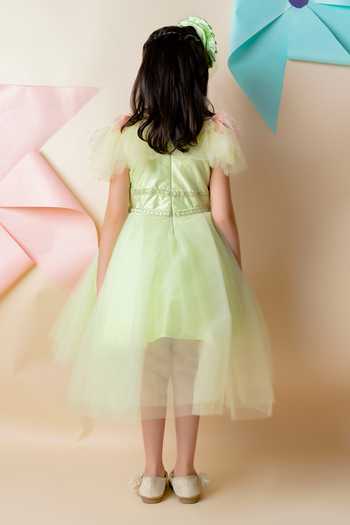 Shop Lil Angels Green Net Lining Cotton Embellished Dress at Aza Fashions Shop_Lil Angels_Green Net Lining Cotton Embellished Dress_at_Aza_Fashions